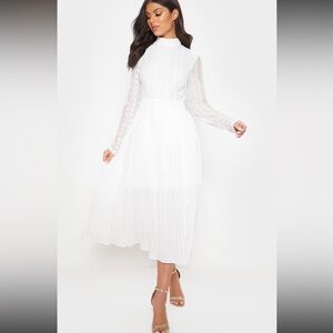 White Lace Top Pleated Midi Dress